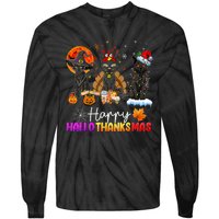 Happy Hallothanksmas Black Cat Halloween Thanksgiving Xmas Tie-Dye Long Sleeve Shirt