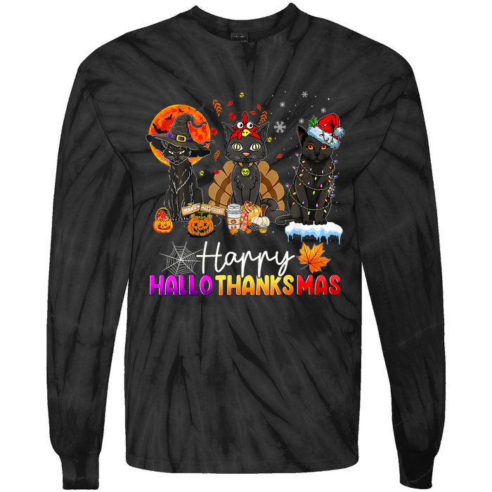 Happy Hallothanksmas Black Cat Halloween Thanksgiving Xmas Tie-Dye Long Sleeve Shirt