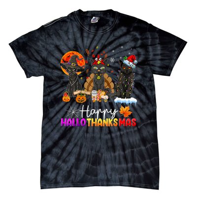 Happy Hallothanksmas Black Cat Halloween Thanksgiving Xmas Tie-Dye T-Shirt