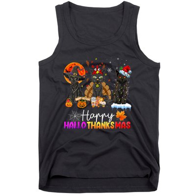 Happy Hallothanksmas Black Cat Halloween Thanksgiving Xmas Tank Top