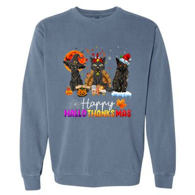 Happy Hallothanksmas Black Cat Halloween Thanksgiving Xmas Garment-Dyed Sweatshirt