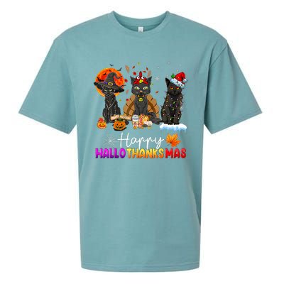 Happy Hallothanksmas Black Cat Halloween Thanksgiving Xmas Sueded Cloud Jersey T-Shirt