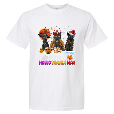 Happy Hallothanksmas Black Cat Halloween Thanksgiving Xmas Garment-Dyed Heavyweight T-Shirt