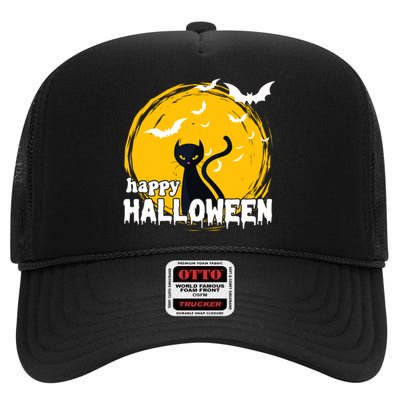 Happy Halloween Black Cat Spooky High Crown Mesh Back Trucker Hat