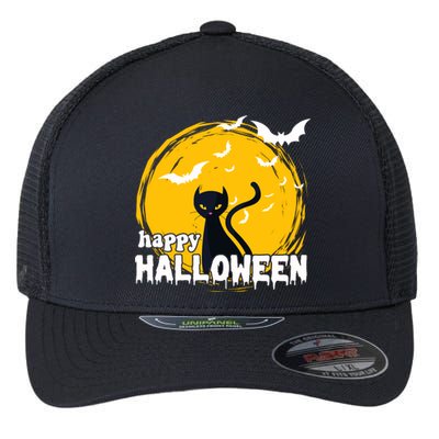 Happy Halloween Black Cat Spooky Flexfit Unipanel Trucker Cap