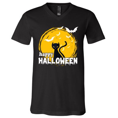 Happy Halloween Black Cat Spooky V-Neck T-Shirt