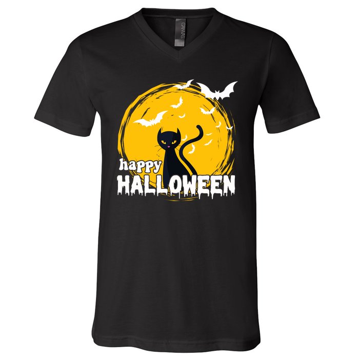 Happy Halloween Black Cat Spooky V-Neck T-Shirt