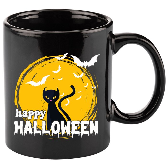 Happy Halloween Black Cat Spooky 11oz C Handle Ceramic Mug