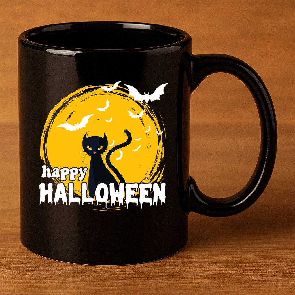 Happy Halloween Black Cat Spooky 11oz C Handle Ceramic Mug