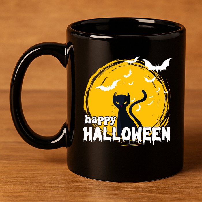 Happy Halloween Black Cat Spooky 11oz C Handle Ceramic Mug