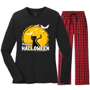 Happy Halloween Black Cat Spooky Women's Long Sleeve Flannel Pajama Set 