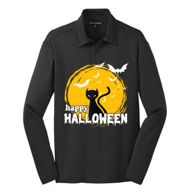 Happy Halloween Black Cat Spooky Silk Touch Performance Long Sleeve Polo