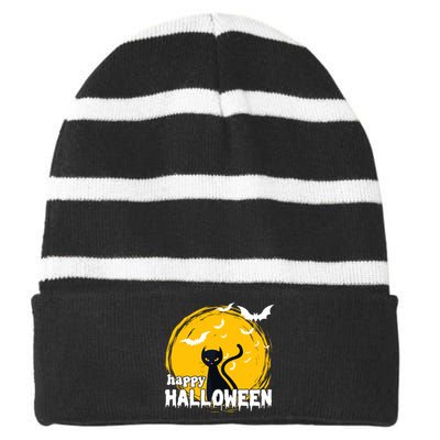 Happy Halloween Black Cat Spooky Striped Beanie with Solid Band