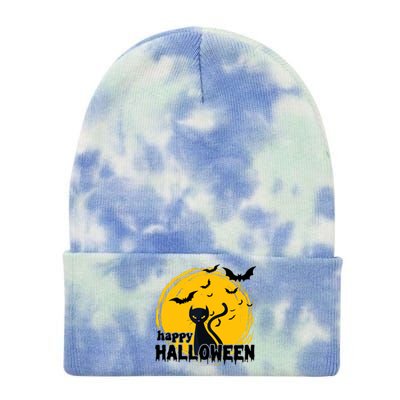 Happy Halloween Black Cat Spooky Tie Dye 12in Knit Beanie