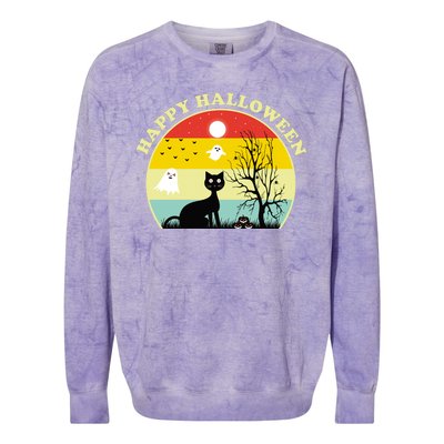 Happy Halloween Black Cat Retro Sunset Colorblast Crewneck Sweatshirt