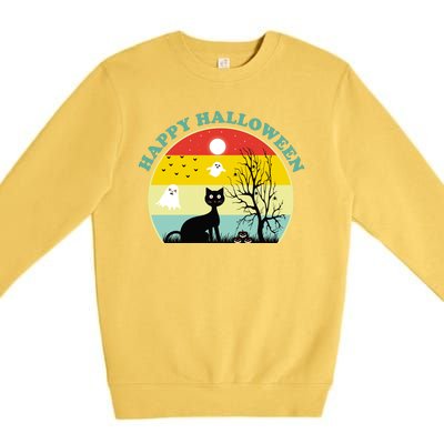 Happy Halloween Black Cat Retro Sunset Premium Crewneck Sweatshirt