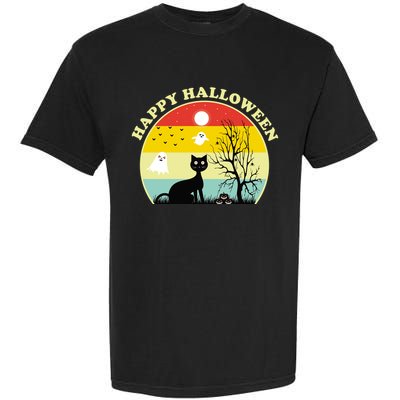Happy Halloween Black Cat Retro Sunset Garment-Dyed Heavyweight T-Shirt