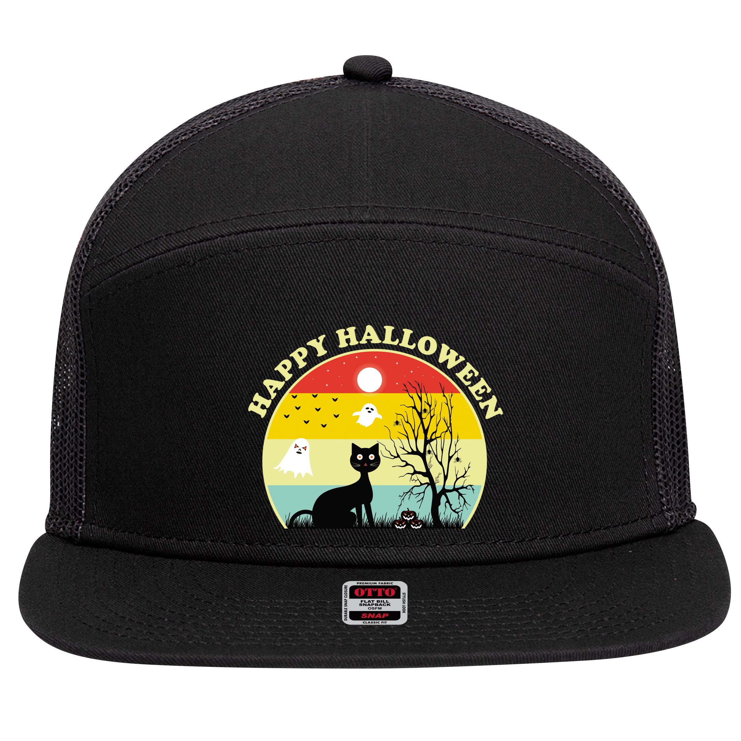 Happy Halloween Black Cat Retro Sunset 7 Panel Mesh Trucker Snapback Hat