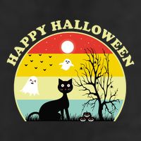 Happy Halloween Black Cat Retro Sunset 7 Panel Mesh Trucker Snapback Hat