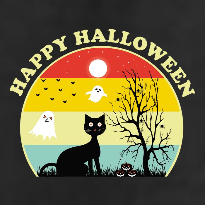 Happy Halloween Black Cat Retro Sunset 7 Panel Mesh Trucker Snapback Hat