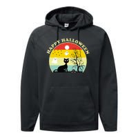 Happy Halloween Black Cat Retro Sunset Performance Fleece Hoodie