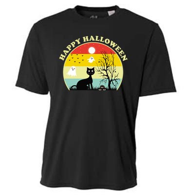 Happy Halloween Black Cat Retro Sunset Cooling Performance Crew T-Shirt