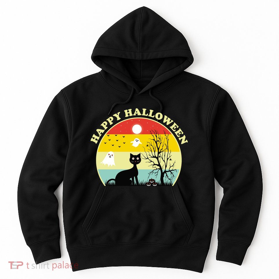 Happy Halloween Black Cat Retro Sunset Hoodie