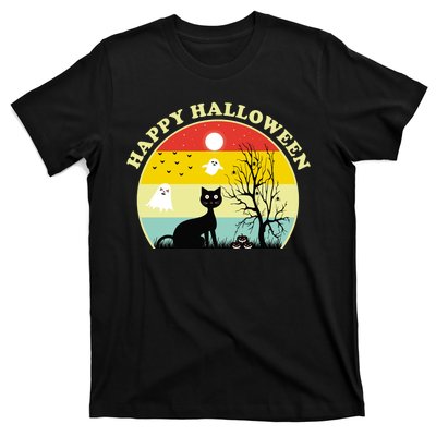 Happy Halloween Black Cat Retro Sunset T-Shirt