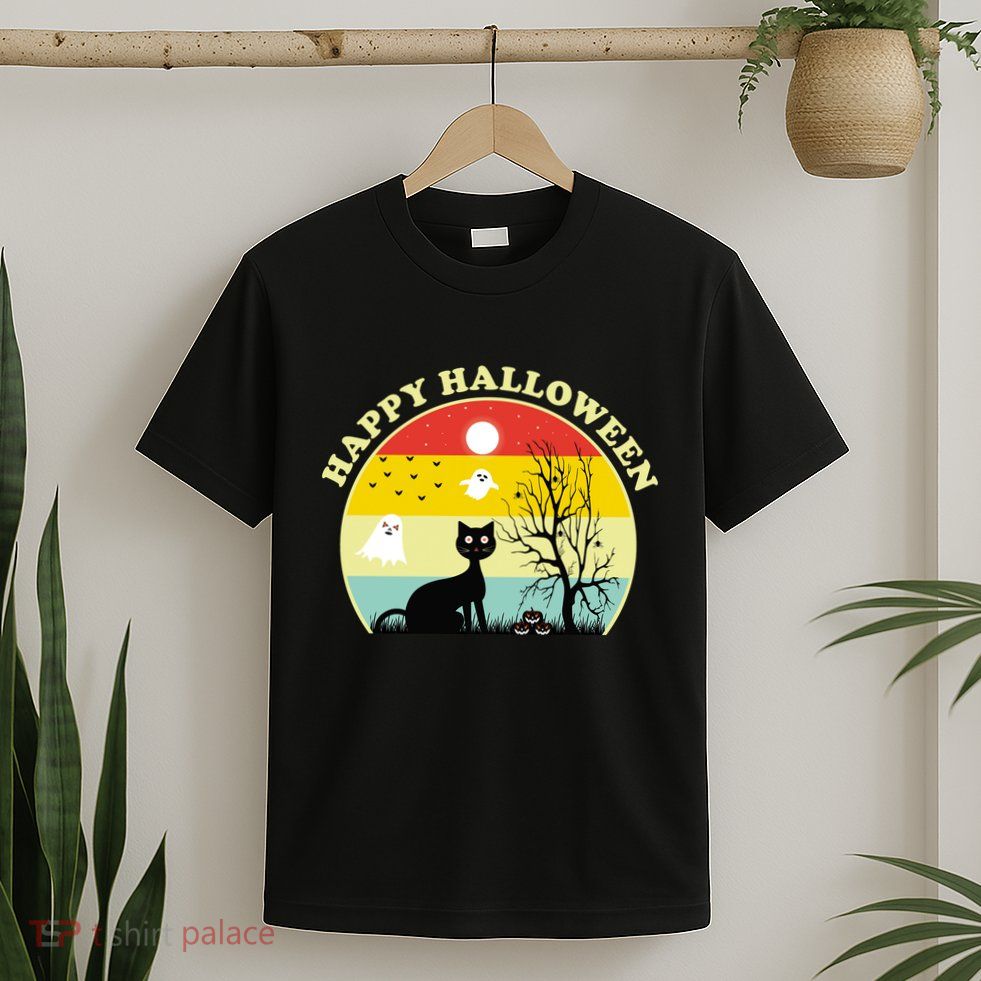 Happy Halloween Black Cat Retro Sunset T-Shirt