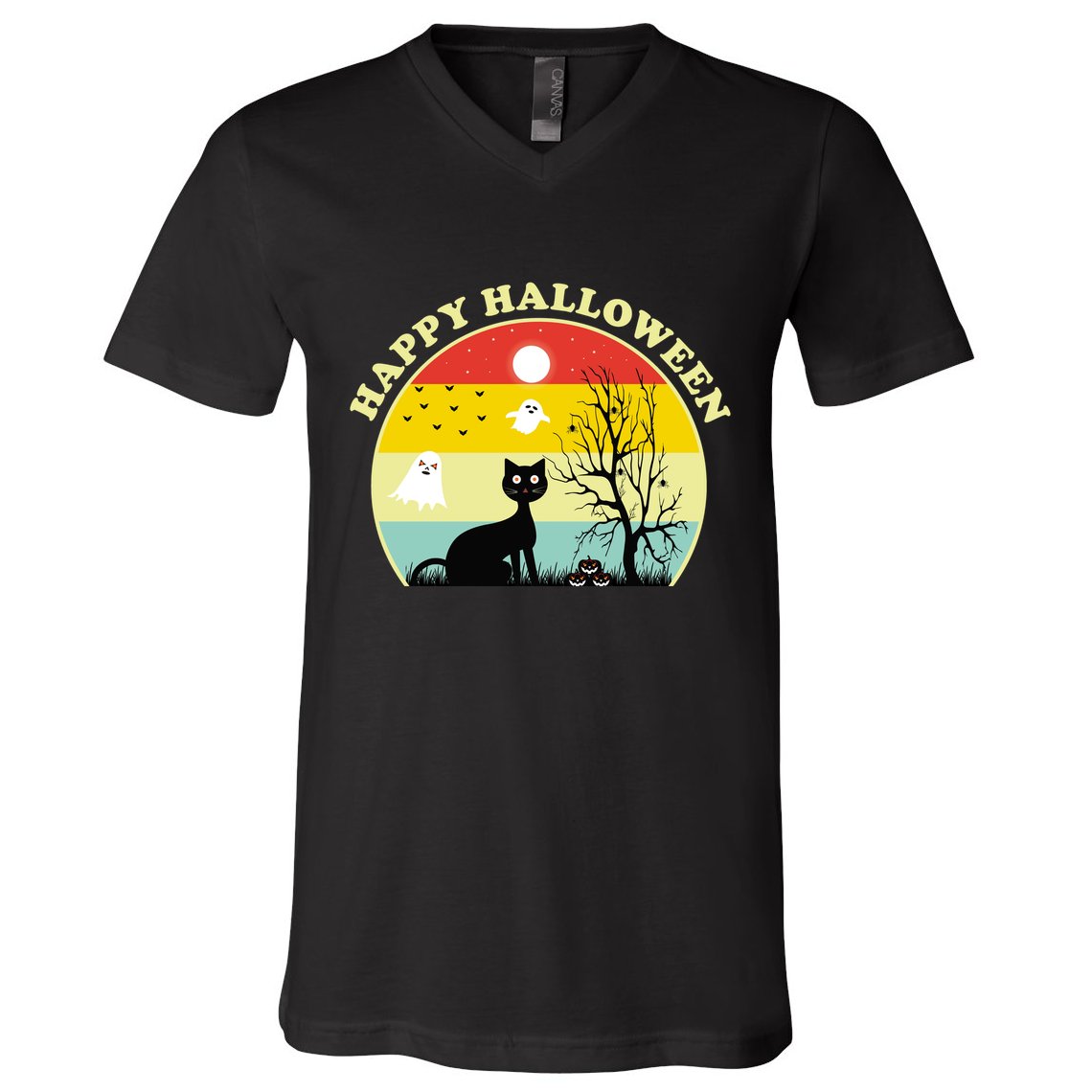 Happy Halloween Black Cat Retro Sunset V-Neck T-Shirt