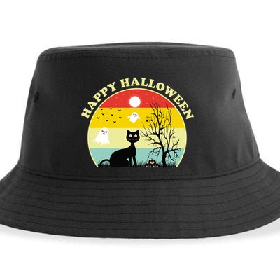 Happy Halloween Black Cat Retro Sunset Sustainable Bucket Hat