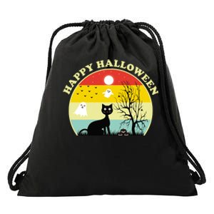 Happy Halloween Black Cat Retro Sunset Drawstring Bag