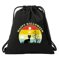 Happy Halloween Black Cat Retro Sunset Drawstring Bag