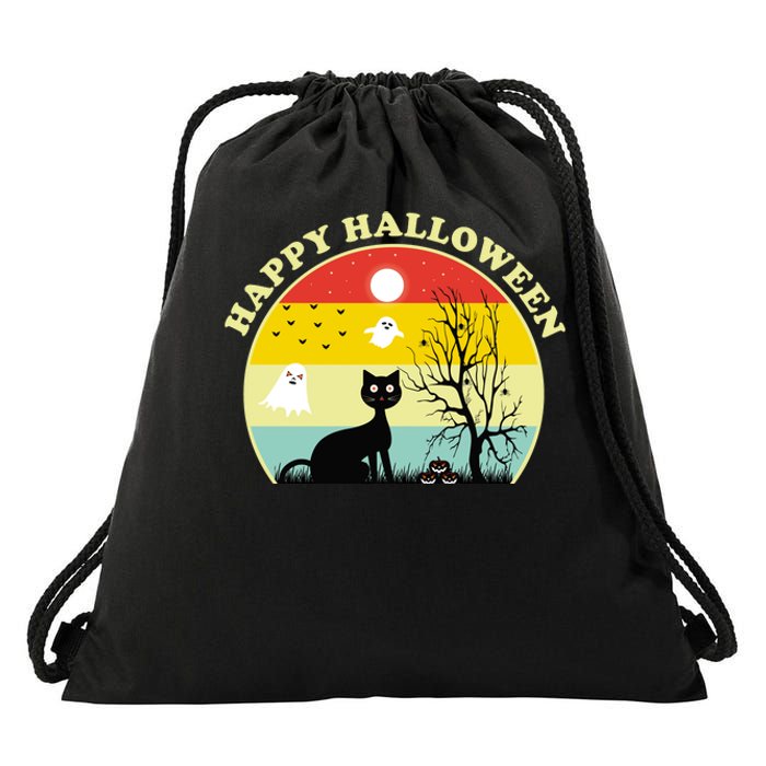 Happy Halloween Black Cat Retro Sunset Drawstring Bag