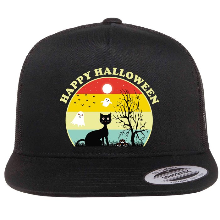 Happy Halloween Black Cat Retro Sunset Flatbill Hat
