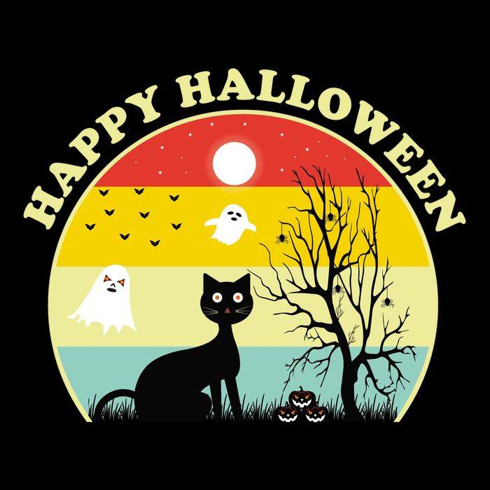Happy Halloween Black Cat Retro Sunset Flatbill Hat
