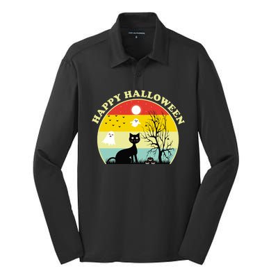 Happy Halloween Black Cat Retro Sunset Silk Touch Performance Long Sleeve Polo