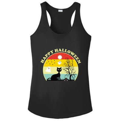 Happy Halloween Black Cat Retro Sunset Ladies PosiCharge Competitor Racerback Tank