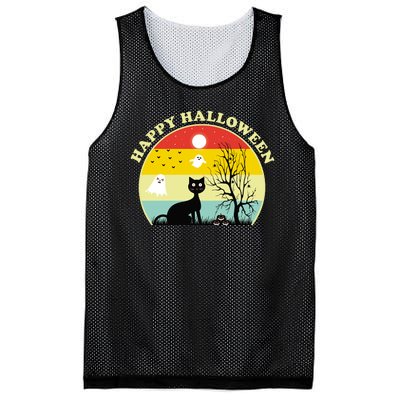 Happy Halloween Black Cat Retro Sunset Mesh Reversible Basketball Jersey Tank