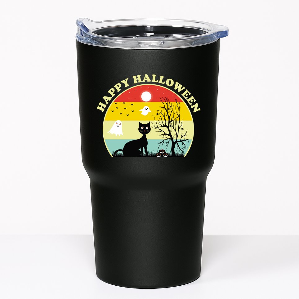 Happy Halloween Black Cat Retro Sunset Tumbler