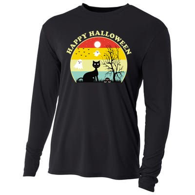 Happy Halloween Black Cat Retro Sunset Cooling Performance Long Sleeve Crew