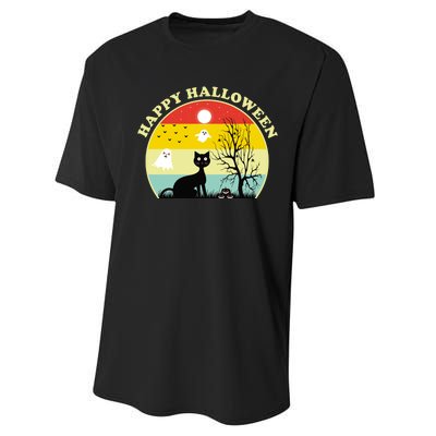 Happy Halloween Black Cat Retro Sunset Performance Sprint T-Shirt