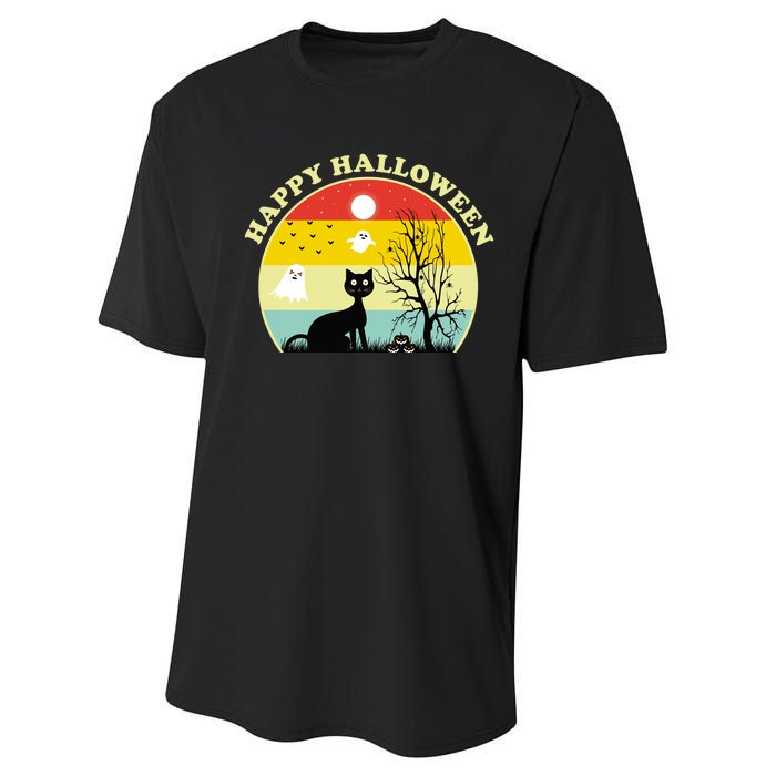 Happy Halloween Black Cat Retro Sunset Performance Sprint T-Shirt