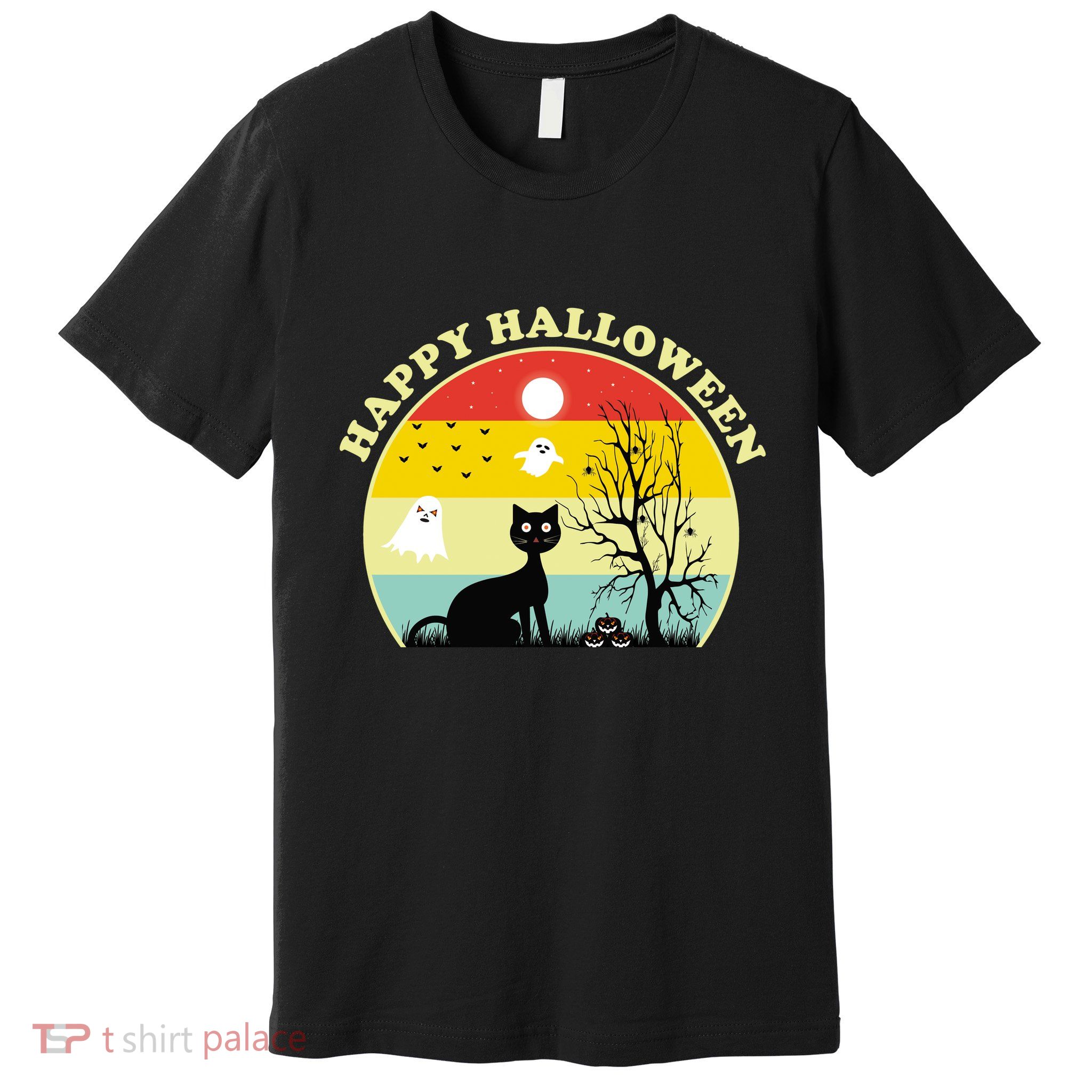 Happy Halloween Black Cat Retro Sunset Premium T-Shirt