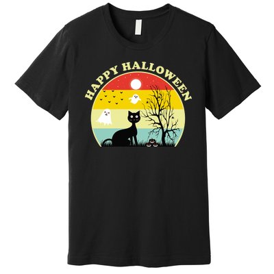 Happy Halloween Black Cat Retro Sunset Premium T-Shirt