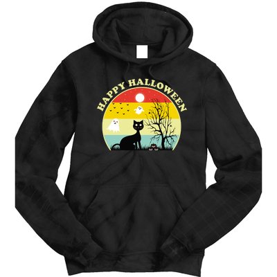 Happy Halloween Black Cat Retro Sunset Tie Dye Hoodie