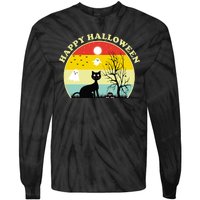 Happy Halloween Black Cat Retro Sunset Tie-Dye Long Sleeve Shirt