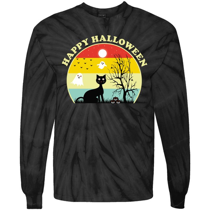 Happy Halloween Black Cat Retro Sunset Tie-Dye Long Sleeve Shirt