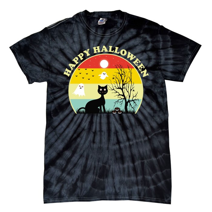 Happy Halloween Black Cat Retro Sunset Tie-Dye T-Shirt