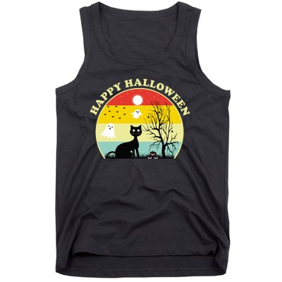 Happy Halloween Black Cat Retro Sunset Tank Top